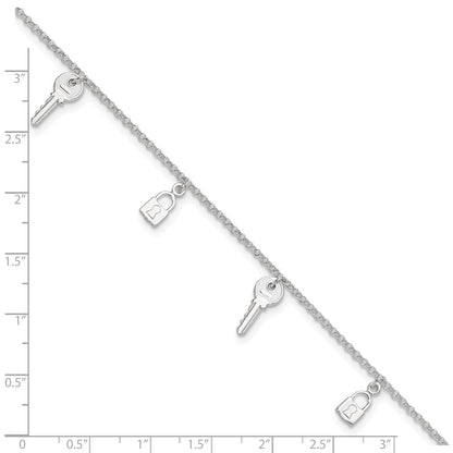 Sterling Silver Polished Lock And Key 9In Plus 1In Ext. Anklet