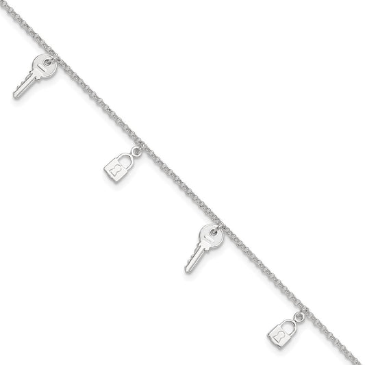 Sterling Silver Polished Lock And Key 9In Plus 1In Ext. Anklet