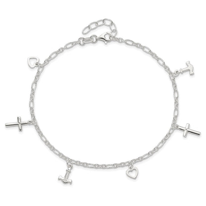 Sterling Silver Cross Heart And Anchor 9In Plus 1In Ext Anklet