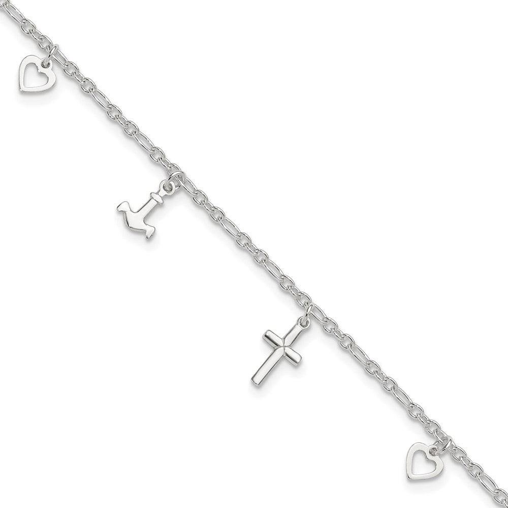 Sterling Silver Cross Heart And Anchor 9In Plus 1In Ext Anklet
