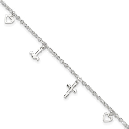 Sterling Silver Cross Heart And Anchor 9In Plus 1In Ext Anklet