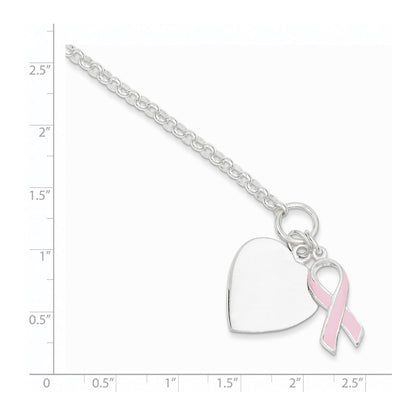 7.5 Inch Sterling Silver Fancy Engraveable Heart With Pink Ribbon Bracelet