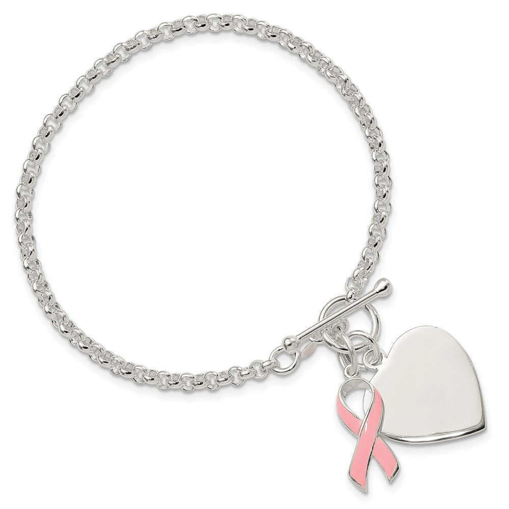 7.5 Inch Sterling Silver Fancy Engraveable Heart With Pink Ribbon Bracelet