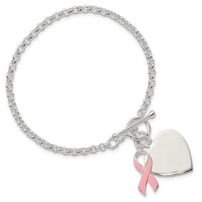 7.5 Inch Sterling Silver Fancy Engraveable Heart With Pink Ribbon Bracelet