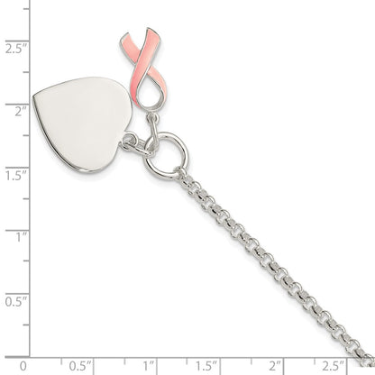 7.5 Inch Sterling Silver Fancy Engraveable Heart With Pink Ribbon Bracelet
