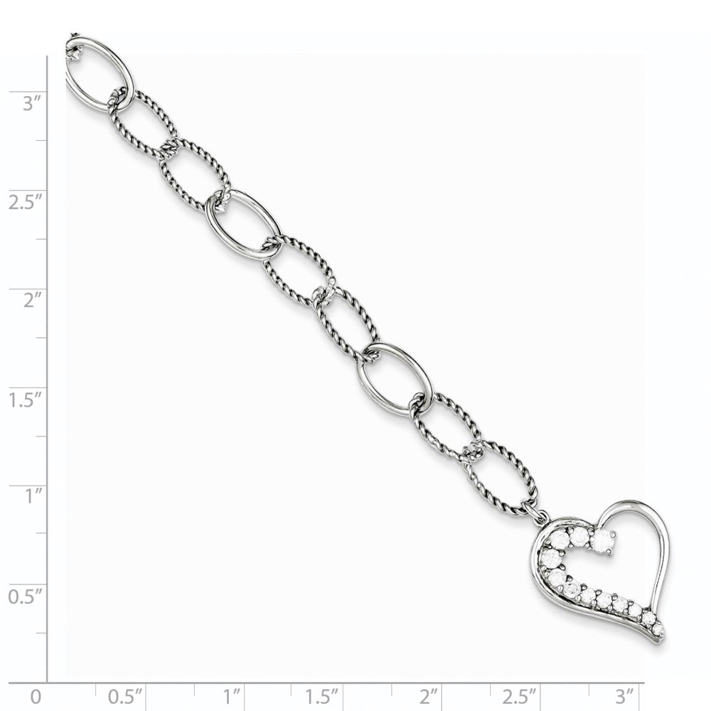 7.5 Inch Sterling Silver Rhodium Plated Journey Heart Cz Dangle Bracelet