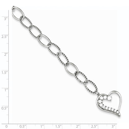 7.5 Inch Sterling Silver Rhodium Plated Journey Heart Cz Dangle Bracelet