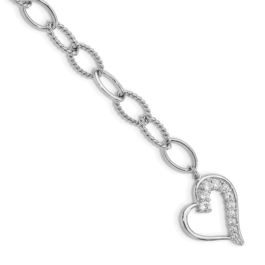 7.5 Inch Sterling Silver Rhodium Plated Journey Heart Cz Dangle Bracelet