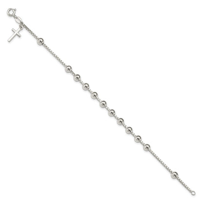 7.25 Inch Sterling Silver Cross On Bead Bracelet