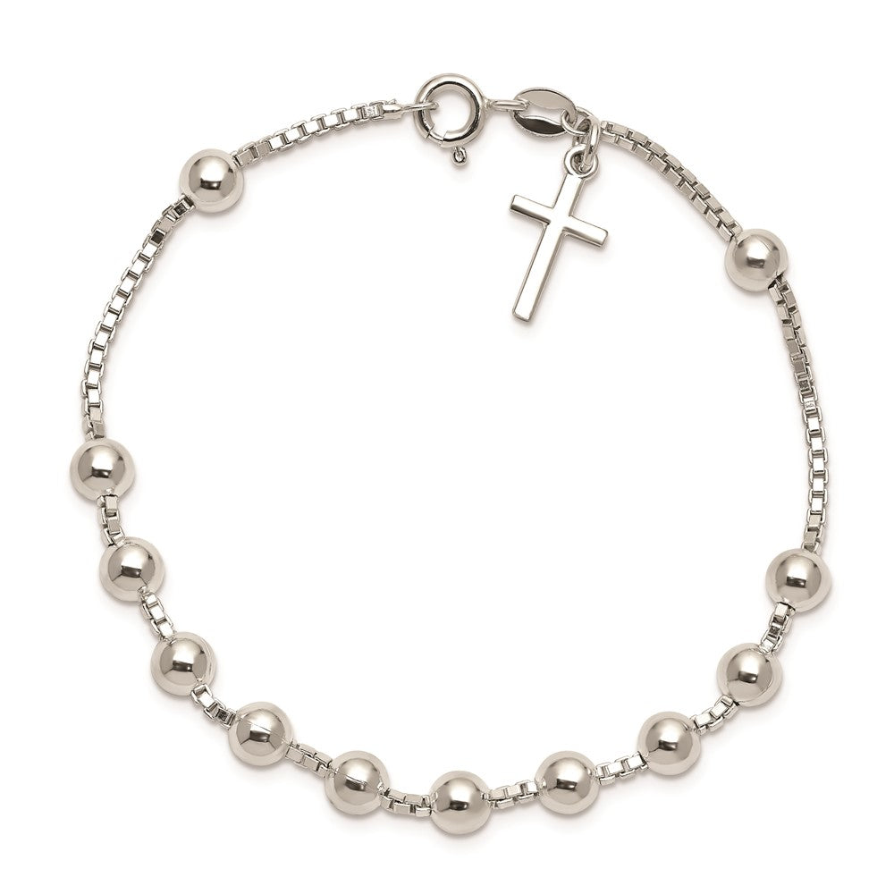 7.25 Inch Sterling Silver Cross On Bead Bracelet