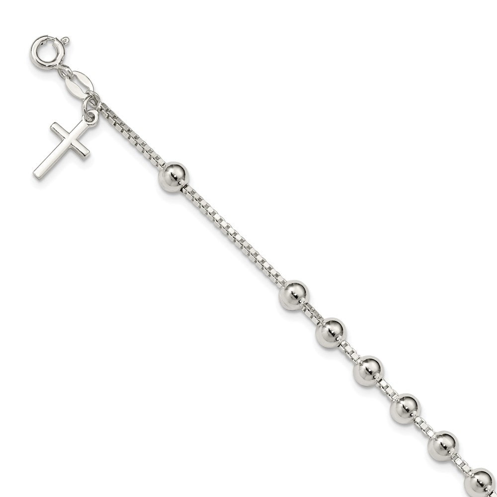 7.25 Inch Sterling Silver Cross On Bead Bracelet