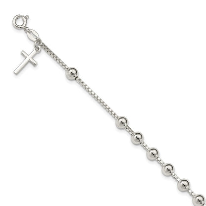 7.25 Inch Sterling Silver Cross On Bead Bracelet