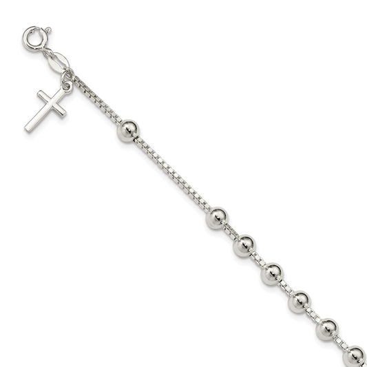 7.25 Inch Sterling Silver Cross On Bead Bracelet