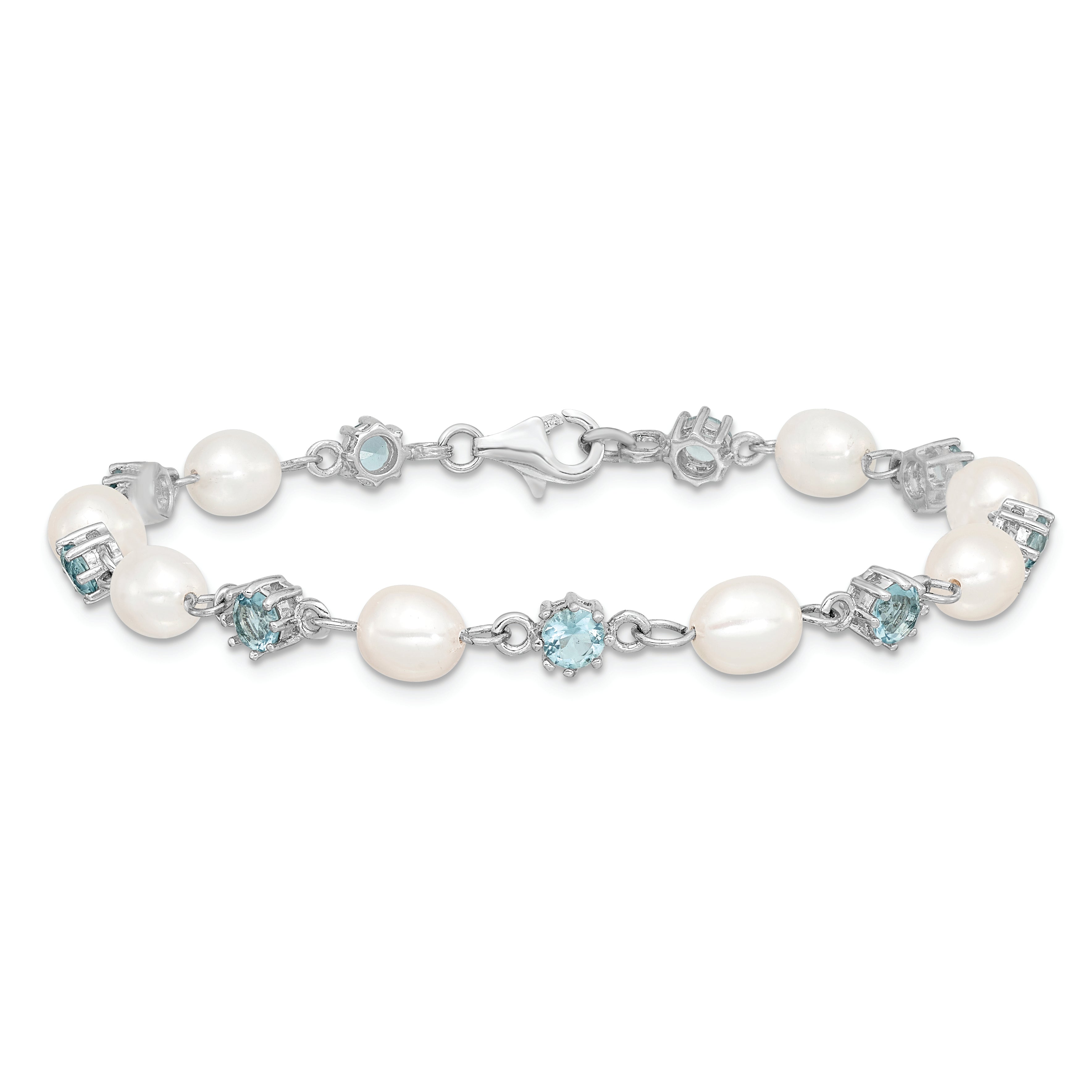 7 Inch Sterling Silver Rhodium Blue Cz Fw Cultured Pearl Bracelet