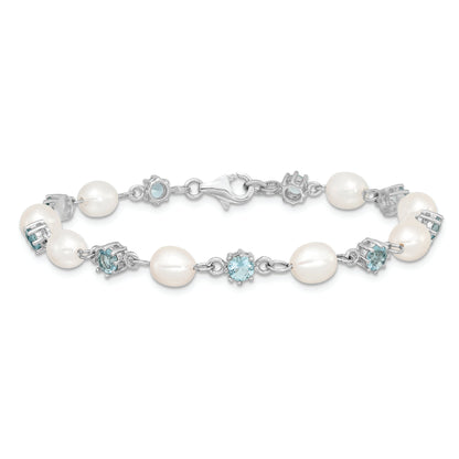 7 Inch Sterling Silver Rhodium Blue Cz Fw Cultured Pearl Bracelet