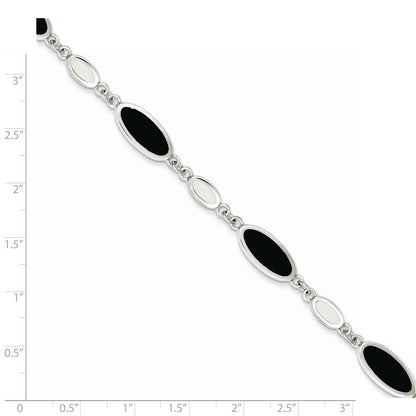 7 Inch Sterling Silver Rhodium-Plated Onyx And Mother Of Pearl Bracelet