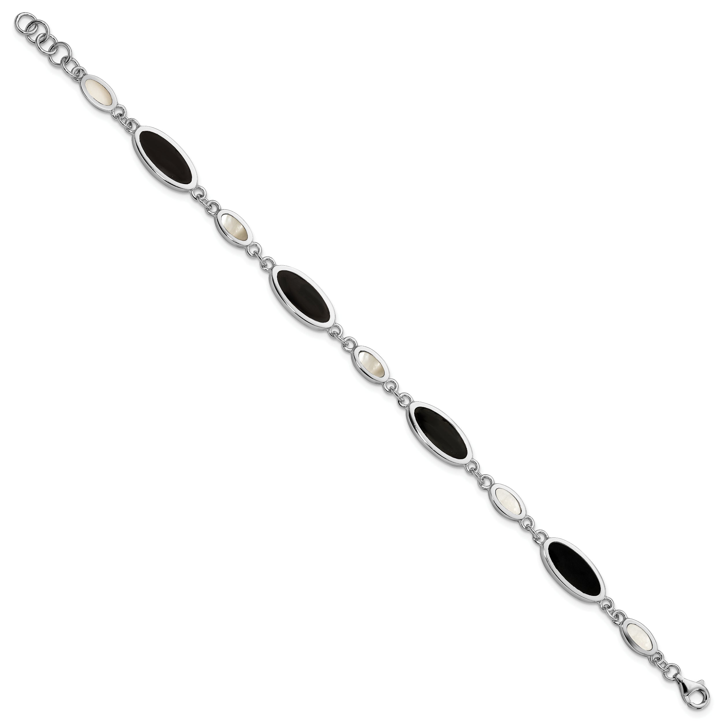 7 Inch Sterling Silver Rhodium-Plated Onyx And Mother Of Pearl Bracelet