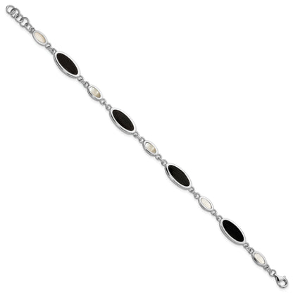 7 Inch Sterling Silver Rhodium-Plated Onyx And Mother Of Pearl Bracelet