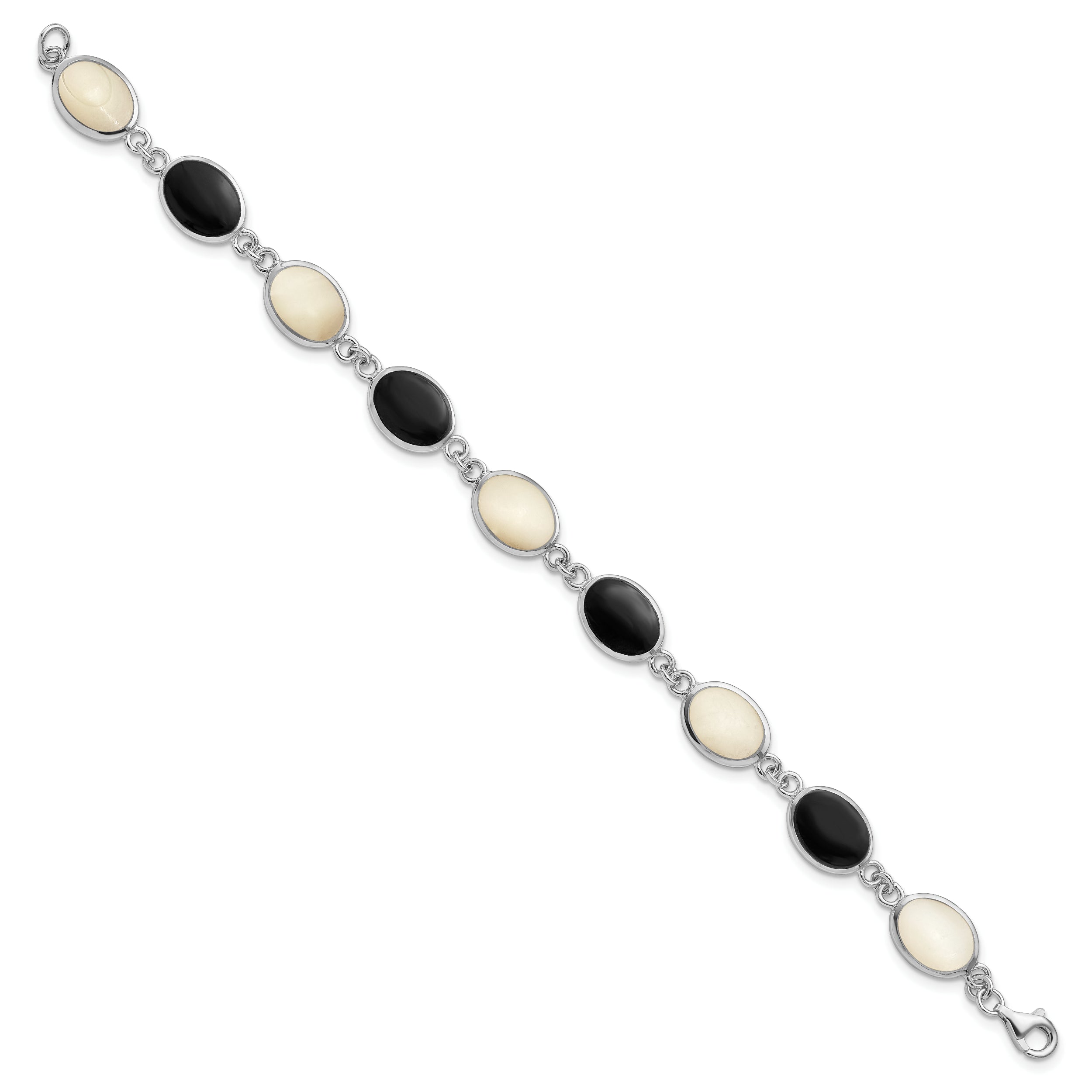 7 Inch Sterling Silver Rhodium-Plated Onyx And Mother Of Pearl Bracelet