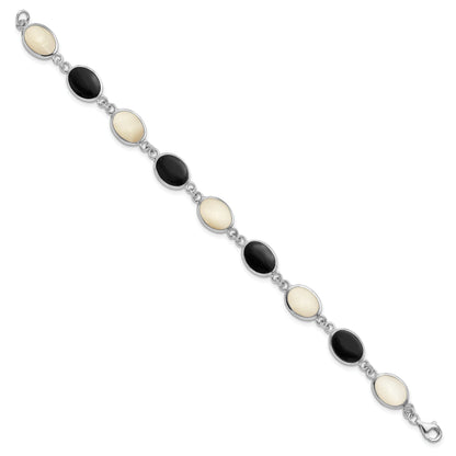 7 Inch Sterling Silver Rhodium-Plated Onyx And Mother Of Pearl Bracelet