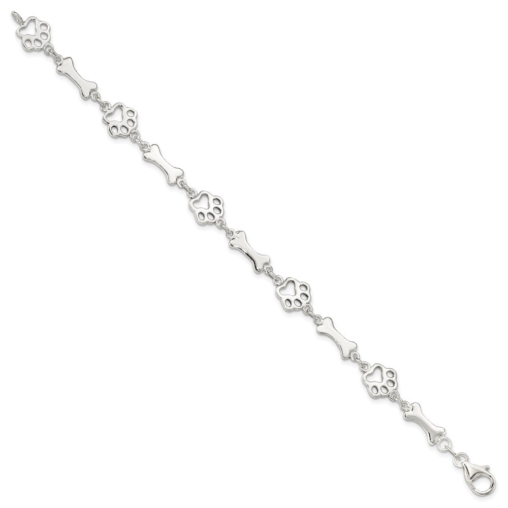 7.5 Inch Sterling Silver Dog Bones And Paws Bracelet