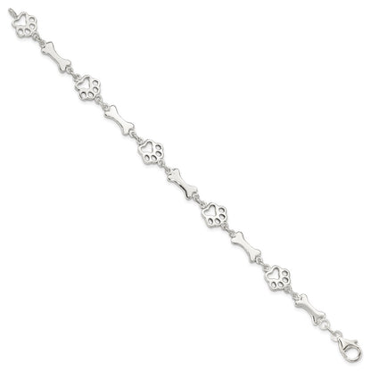 7.5 Inch Sterling Silver Dog Bones And Paws Bracelet