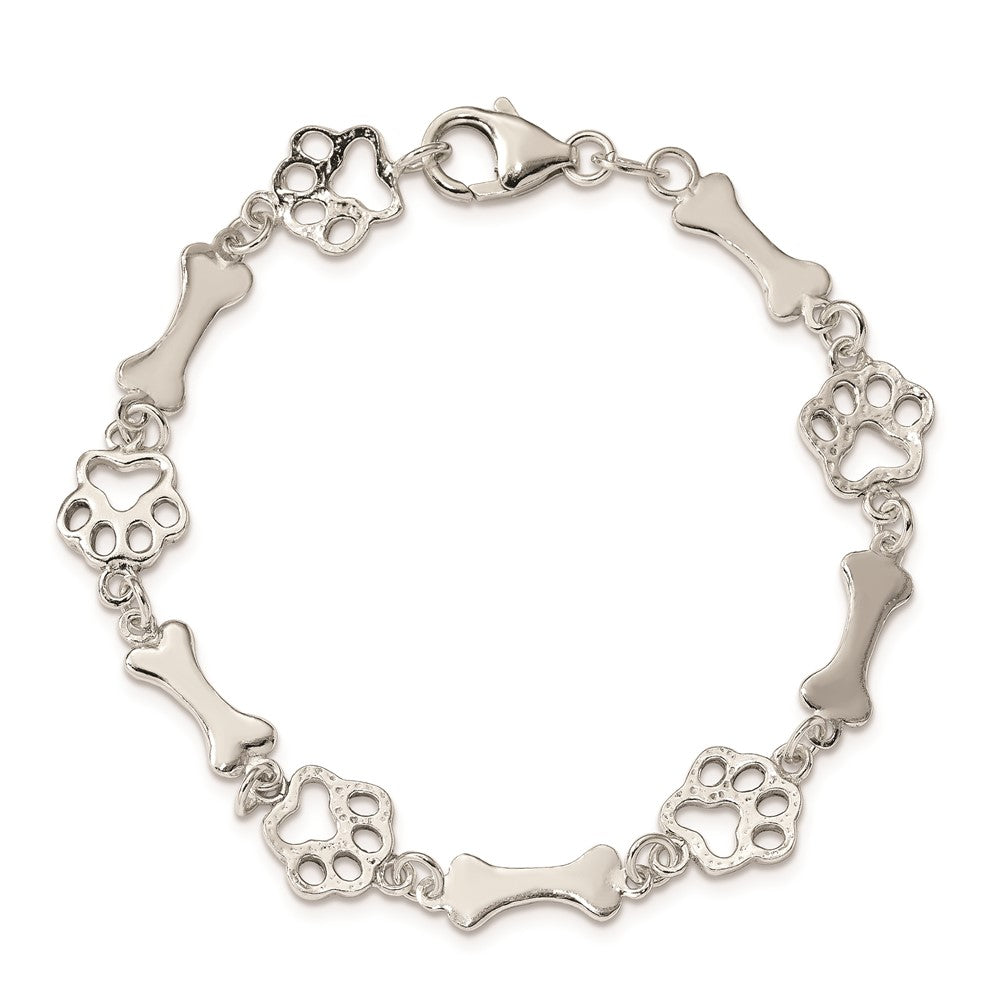 7.5 Inch Sterling Silver Dog Bones And Paws Bracelet