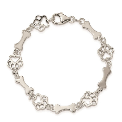 7.5 Inch Sterling Silver Dog Bones And Paws Bracelet