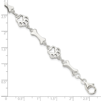 7.5 Inch Sterling Silver Dog Bones And Paws Bracelet
