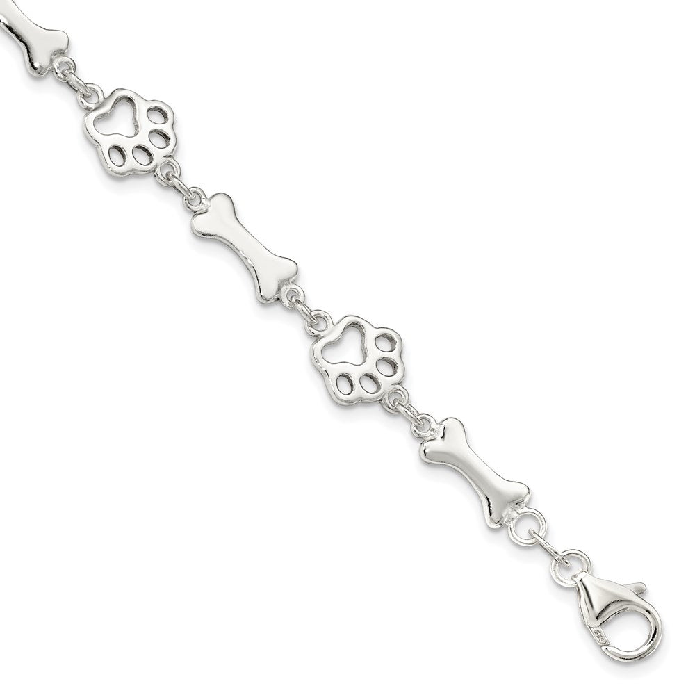 7.5 Inch Sterling Silver Dog Bones And Paws Bracelet