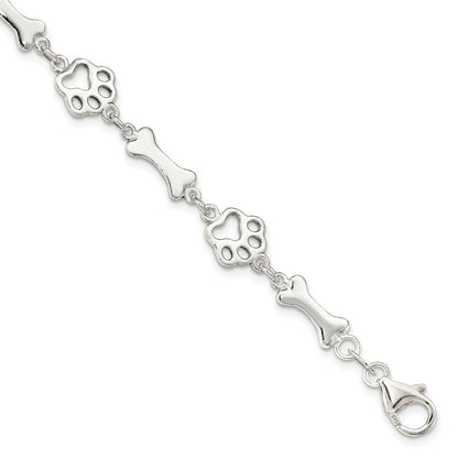 7.5 Inch Sterling Silver Dog Bones And Paws Bracelet