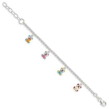 6 Inch Sterling Silver Multi-Color Enameled Bears W/ 1In Ext Children'S Bracelet