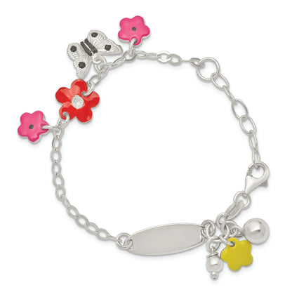 6 Inch Sterling Silver Polished & Textured Multi-Color Enameled Floral Butterfly With 1 Extension Children'S Id Bracelet
