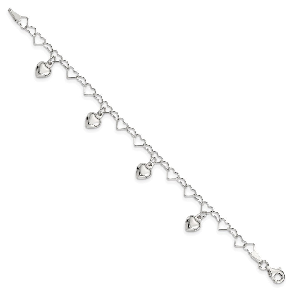 6 Inch Sterling Silver Polished Dangling Heart Children'S Bracelet