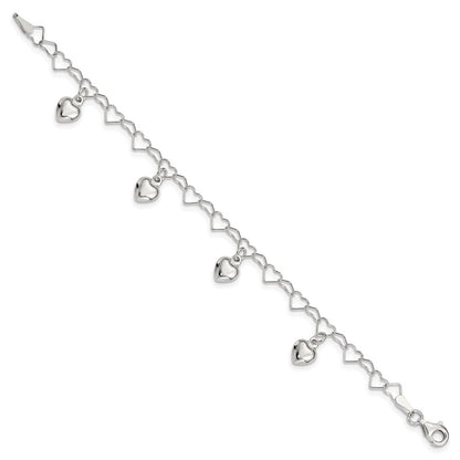6 Inch Sterling Silver Polished Dangling Heart Children'S Bracelet