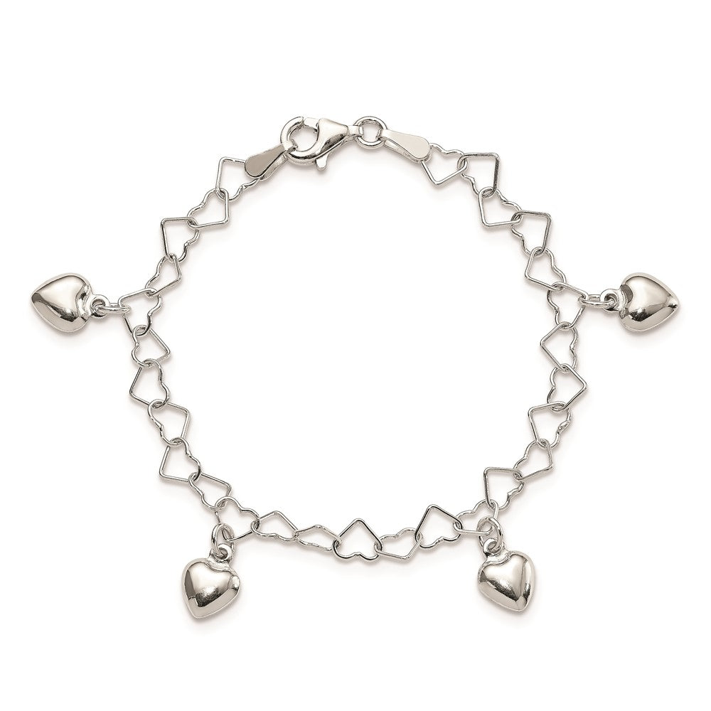 6 Inch Sterling Silver Polished Dangling Heart Children'S Bracelet