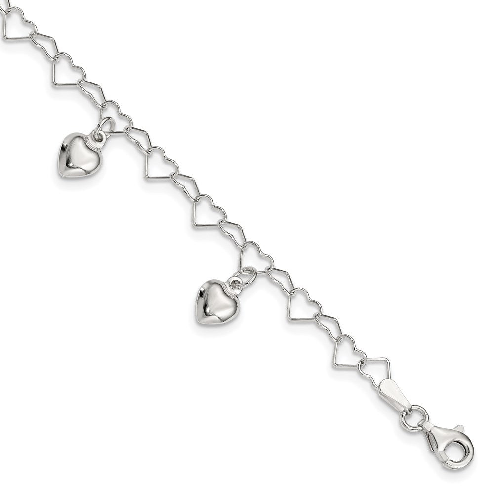 6 Inch Sterling Silver Polished Dangling Heart Children'S Bracelet