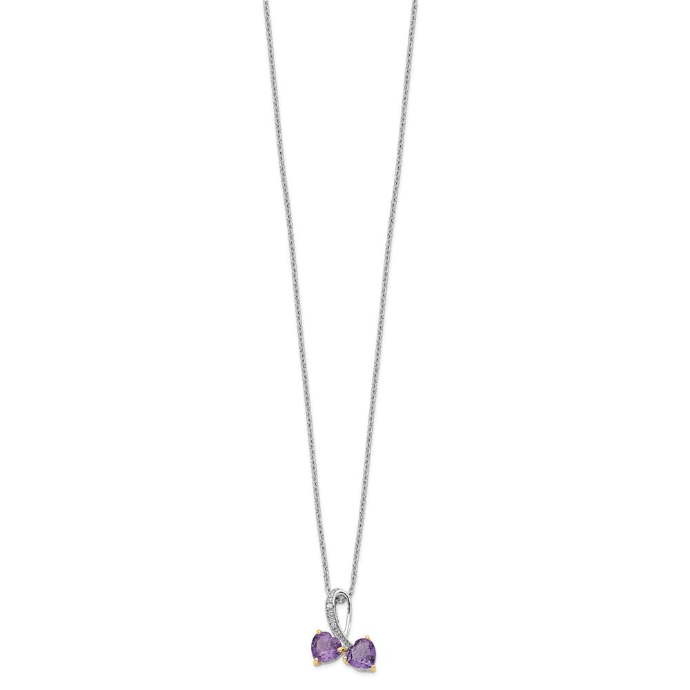 Sterling Silver Brilliant Gemstones With 14K Accent Rhodium-Plated Amethyst And Diamond Heart 18 Inch Necklace 2 Extender