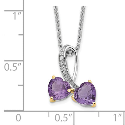 Sterling Silver Brilliant Gemstones With 14K Accent Rhodium-Plated Amethyst And Diamond Heart 18 Inch Necklace 2 Extender