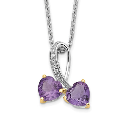 Sterling Silver Brilliant Gemstones With 14K Accent Rhodium-Plated Amethyst And Diamond Heart 18 Inch Necklace 2 Extender