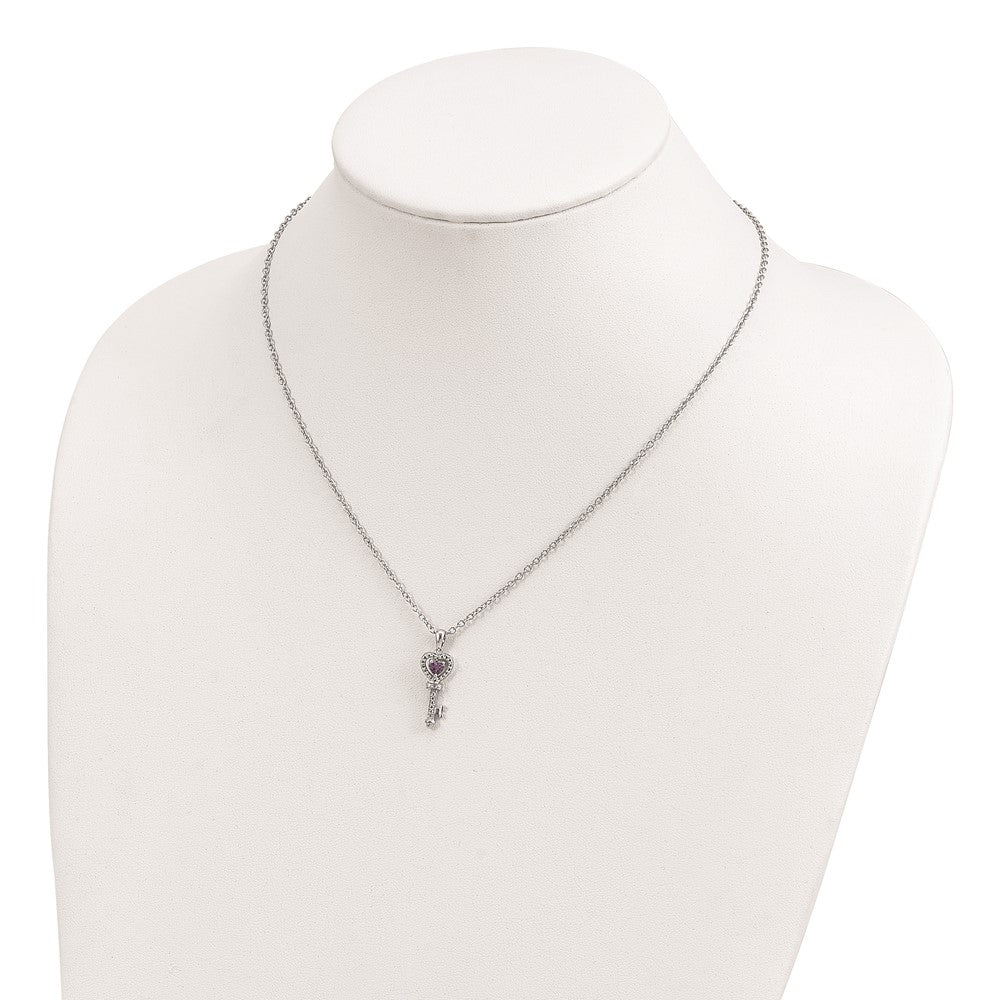 Sterling Silver Brilliant Gemstones With 14K Accent Rhodium-Plated Amethyst And Diamond Key 18 Inch Necklace 2 Extender