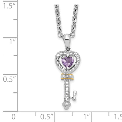 Sterling Silver Brilliant Gemstones With 14K Accent Rhodium-Plated Amethyst And Diamond Key 18 Inch Necklace 2 Extender