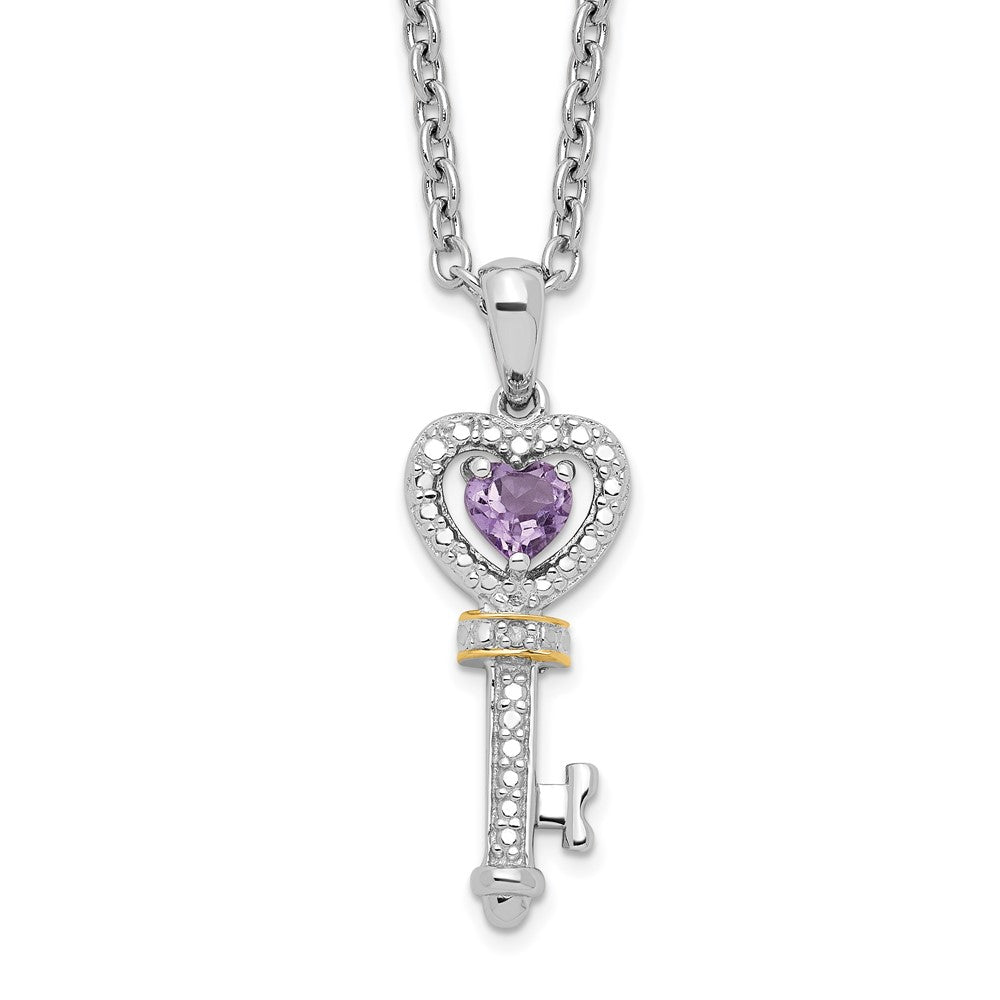 Sterling Silver Brilliant Gemstones With 14K Accent Rhodium-Plated Amethyst And Diamond Key 18 Inch Necklace 2 Extender