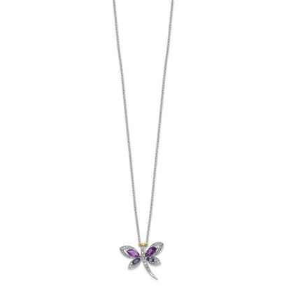 Sterling Silver Brilliant Gemstones With 14K Accent Rhodium-Plated Amethyst And Iolite Diamond Dragonfly 18 Inch Necklace 2 Extender