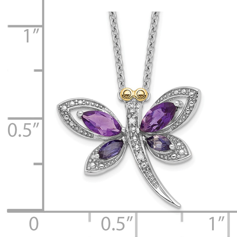 Sterling Silver Brilliant Gemstones With 14K Accent Rhodium-Plated Amethyst And Iolite Diamond Dragonfly 18 Inch Necklace 2 Extender