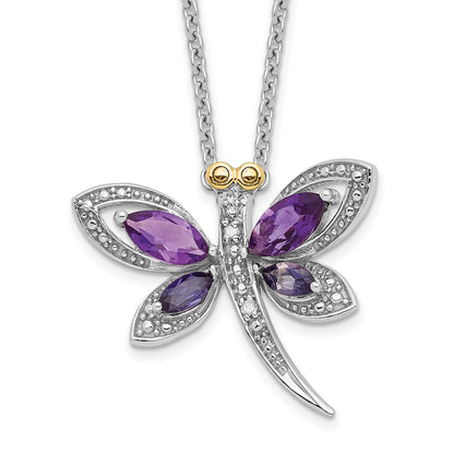 Sterling Silver Brilliant Gemstones With 14K Accent Rhodium-Plated Amethyst And Iolite Diamond Dragonfly 18 Inch Necklace 2 Extender