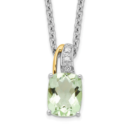 Sterling Silver Brilliant Gemstones With 14K Accent Rhodium-Plated Green Quartz And Diamond 18 Inch Necklace 2 Extender