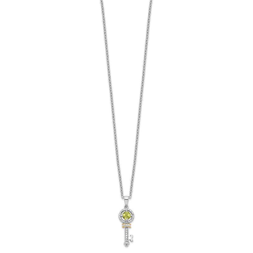 Sterling Silver Brilliant Gemstones With 14K Accent Rhodium-Plated Peridot And Diamond Key 18 Inch Necklace 2 Extender