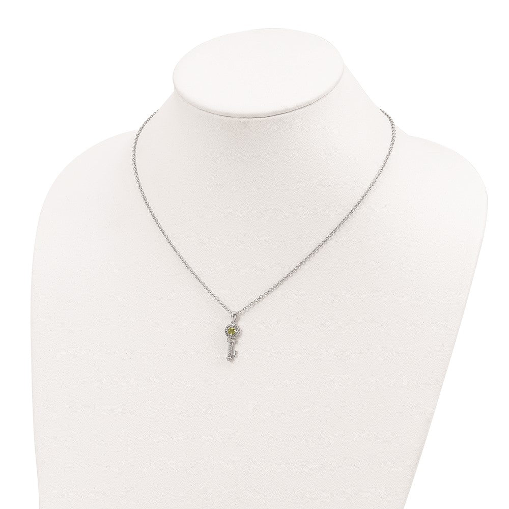 Sterling Silver Brilliant Gemstones With 14K Accent Rhodium-Plated Peridot And Diamond Key 18 Inch Necklace 2 Extender