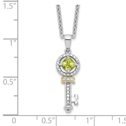 Sterling Silver Brilliant Gemstones With 14K Accent Rhodium-Plated Peridot And Diamond Key 18 Inch Necklace 2 Extender